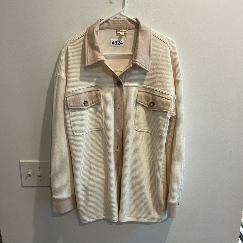 Hem & Thread Large Cream Ribbed Button Down Shacket Womens Long Sleeve Boho - Picture 13 of 15